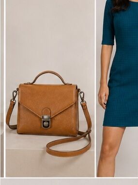 Classic Tan 2-way genuine Leather top handle structured Crossbody Bag - EUC